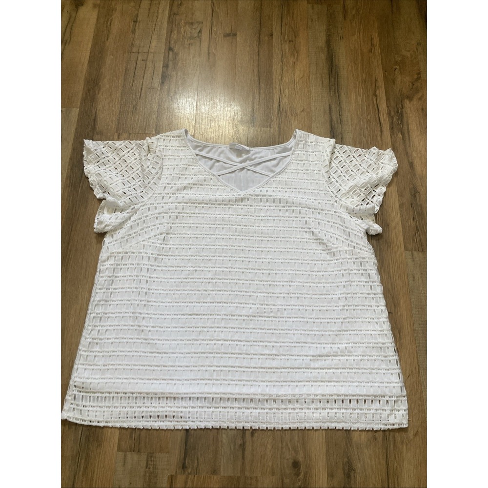 Westport Open Weave Short Sleeve 2X White Blouse Top Beach Summer Textured